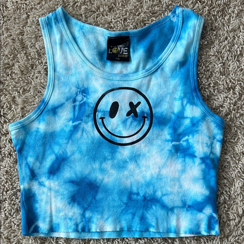 Love Junkie Tie-Dye Blue Cropped Tank with Smiley Graphic size 12
